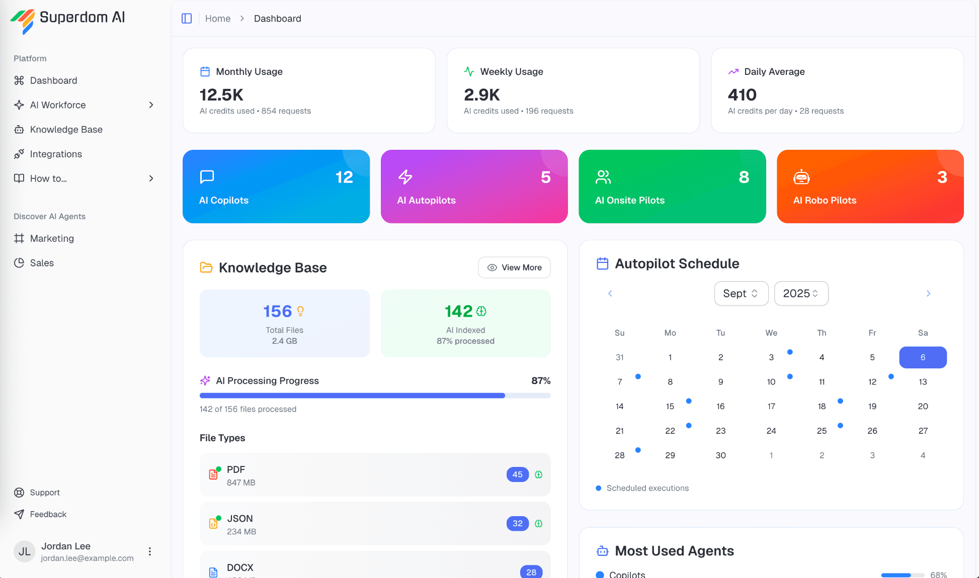 Superdom AI Full Dashboard - Complete AI agents platform with chat agents, autonomous workflows, and real-time business integrations